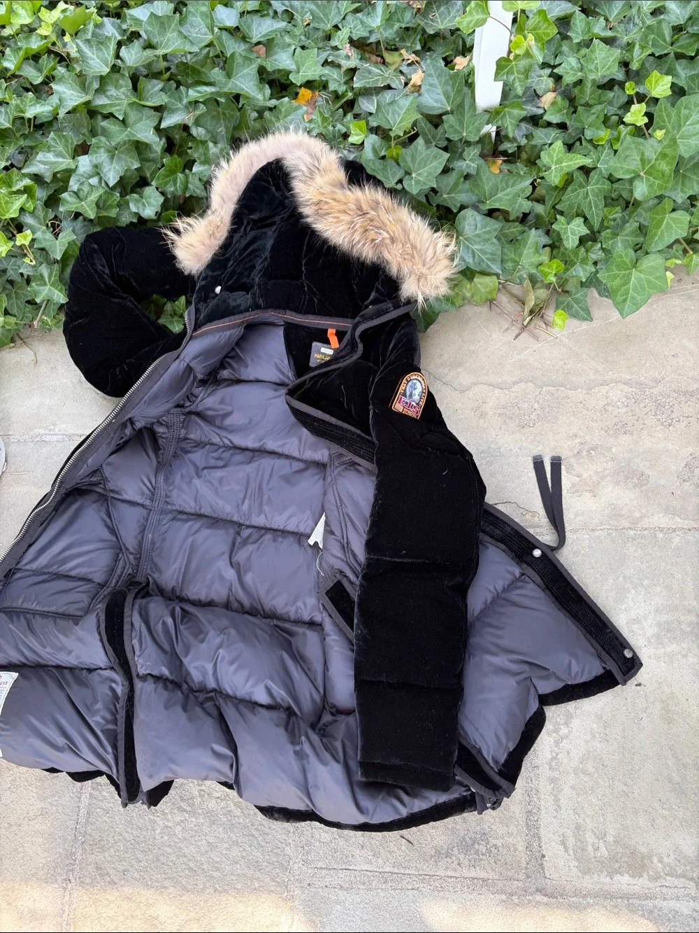 Parajumpers Warm Velvet Down Black Hooded Puffer Coat with Fur Trim
